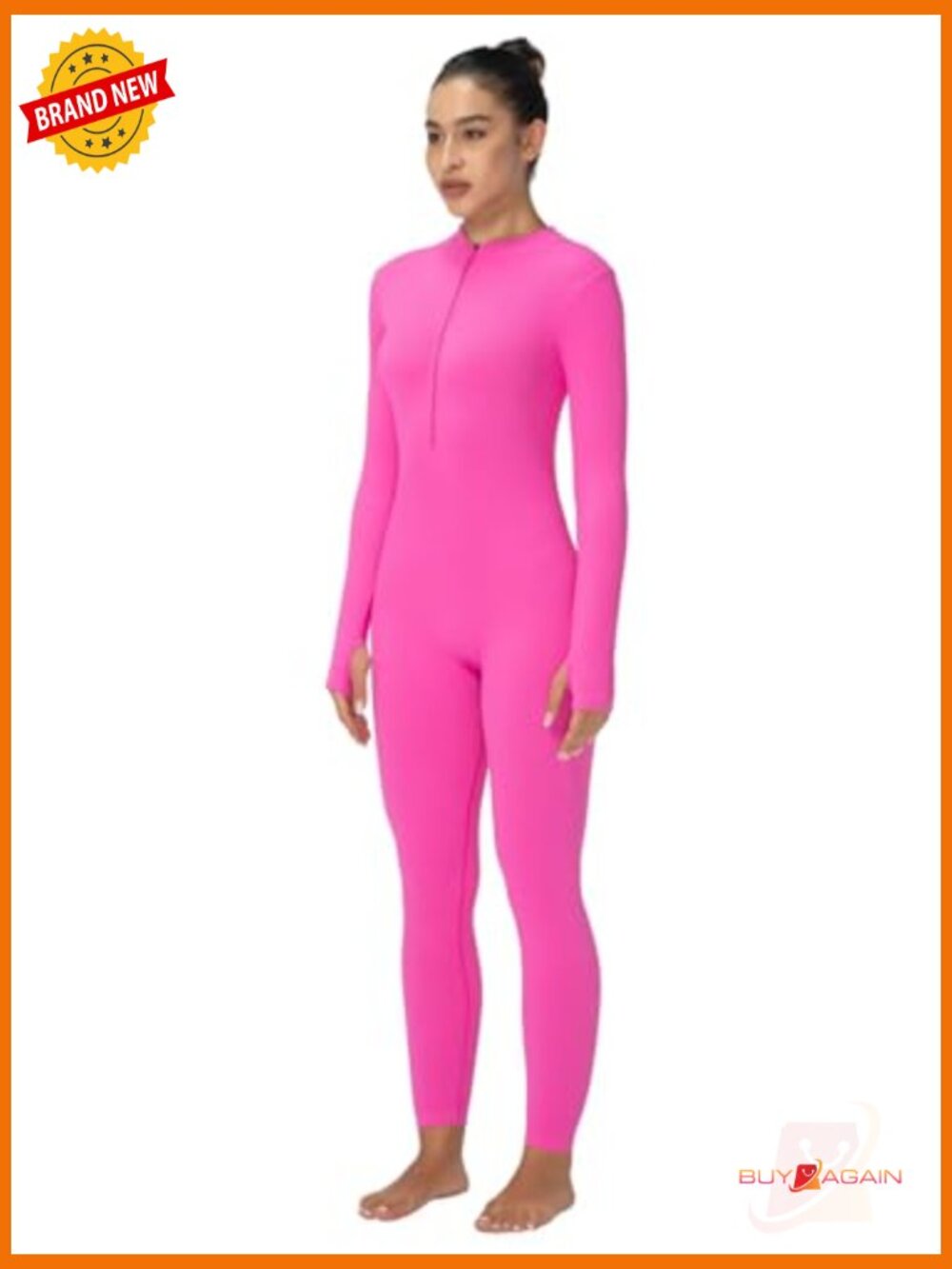 Long Sleeve Zip Front Jumpsuit - Ribbed Yoga Workout Bodycon with Thumbholes - Picture 3 of 7